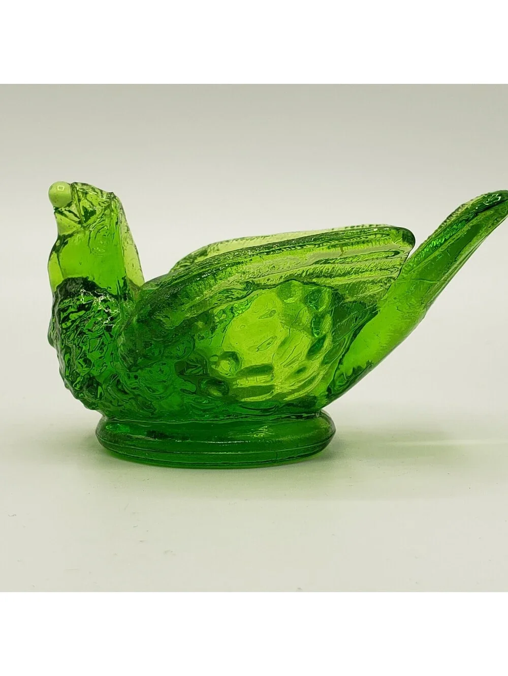 Vintge Kanawha Glass Salt Cellar Glows Green Bird with Berry in Mouth
